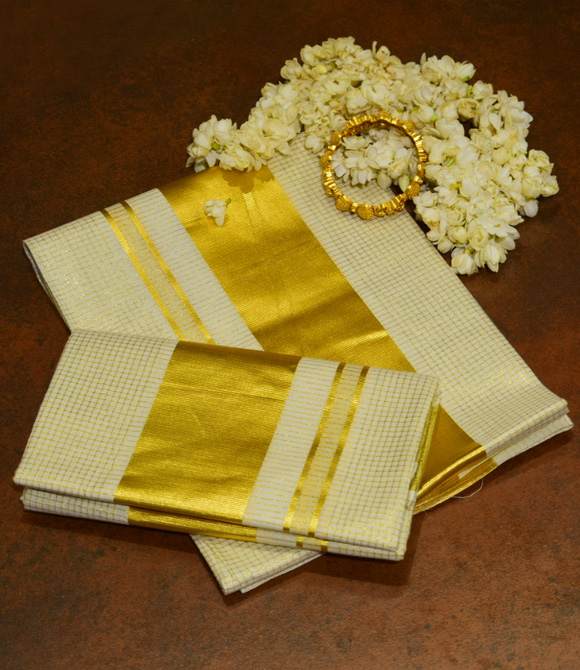 Golden check set mundu